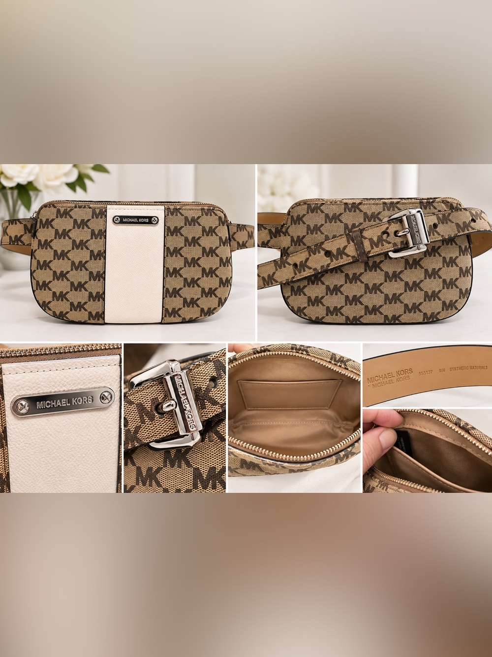 Michael Kors MK Signature Monogram Belt Bag Waist Pack Brown Cream Adjustable